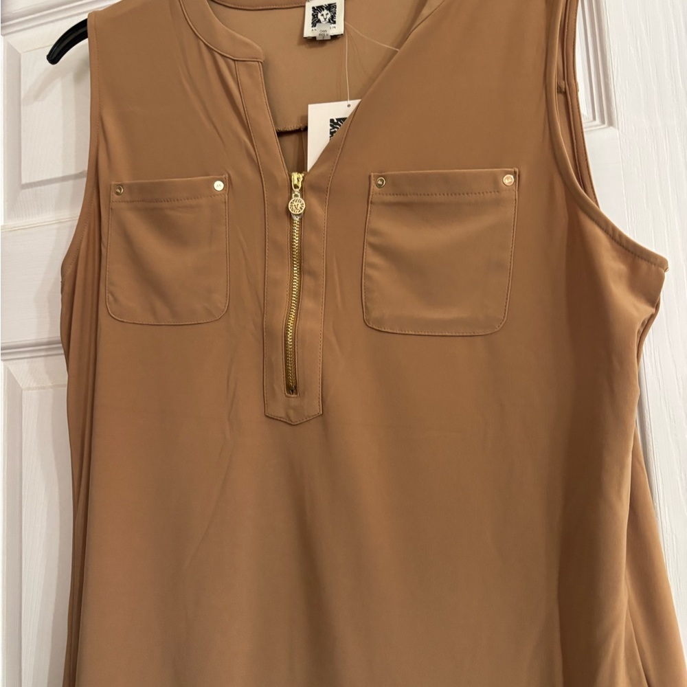 Anne Klein Tan Sleeveless Blouse with Gold Zipper